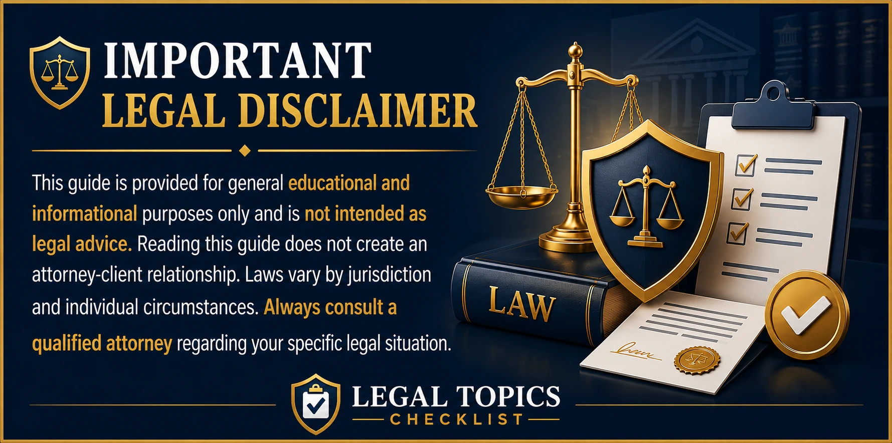 Important Legal Disclaimer | Legal Topics Checklist Important Legal Disclaimer banner explaining that Legal Topics Checklist provides educational information only, not legal advice.