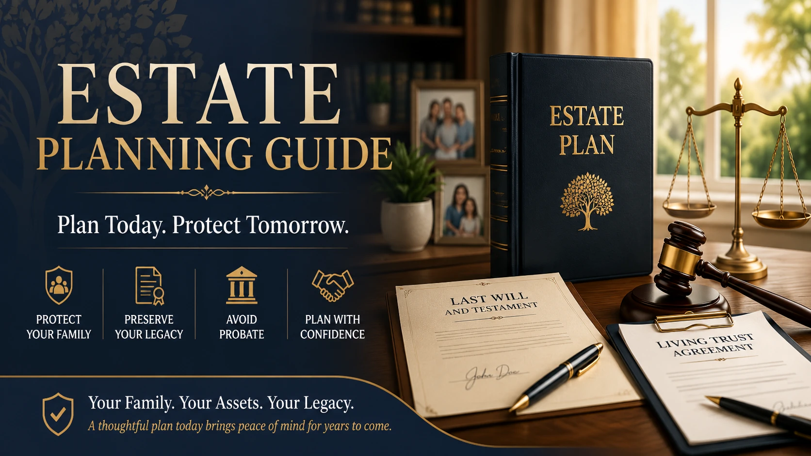 Estate Planning Guide hero image featuring an estate plan binder, last will and testament, living trust agreement, scales of justice, gavel, and family photographs representing legacy planning, asset protection, and peace of mind.