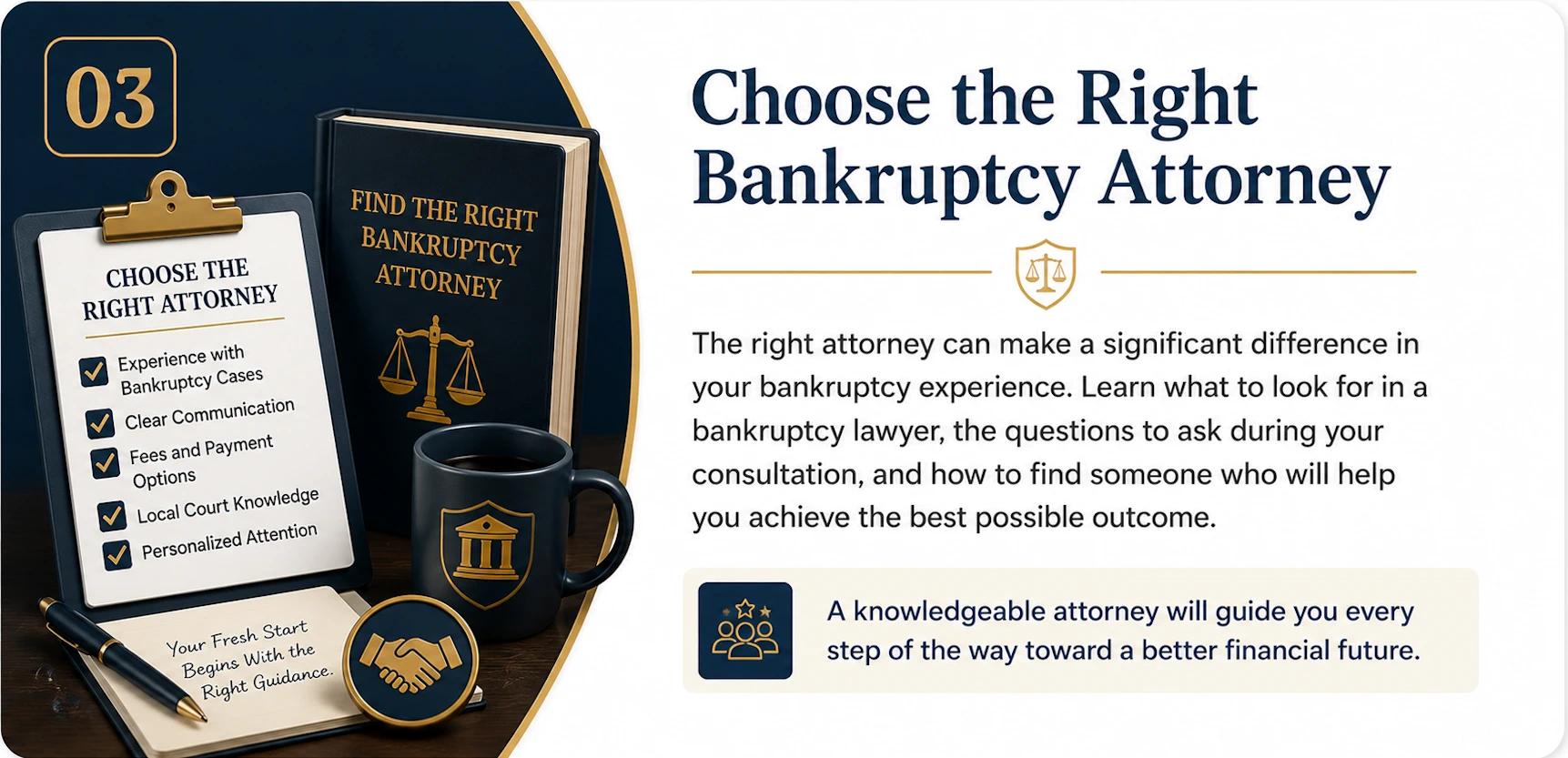 Choose the Right Bankruptcy Attorney | Legal Topics Checklist Educational guide card for choosing the right bankruptcy attorney, featuring a bankruptcy attorney checklist, bankruptcy law book, scales of justice, courthouse emblem, handshake symbol, and legal consultation materials representing experienced legal guidance and informed attorney selection
