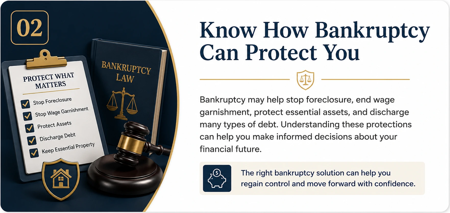 Know How Bankruptcy Can Protect You | Legal Topics Checkli Educational guide card explaining how bankruptcy can provide legal protections, featuring a bankruptcy law book, foreclosure and debt relief checklist, gavel, home protection shield, and legal symbols representing asset protection and financial recovery.