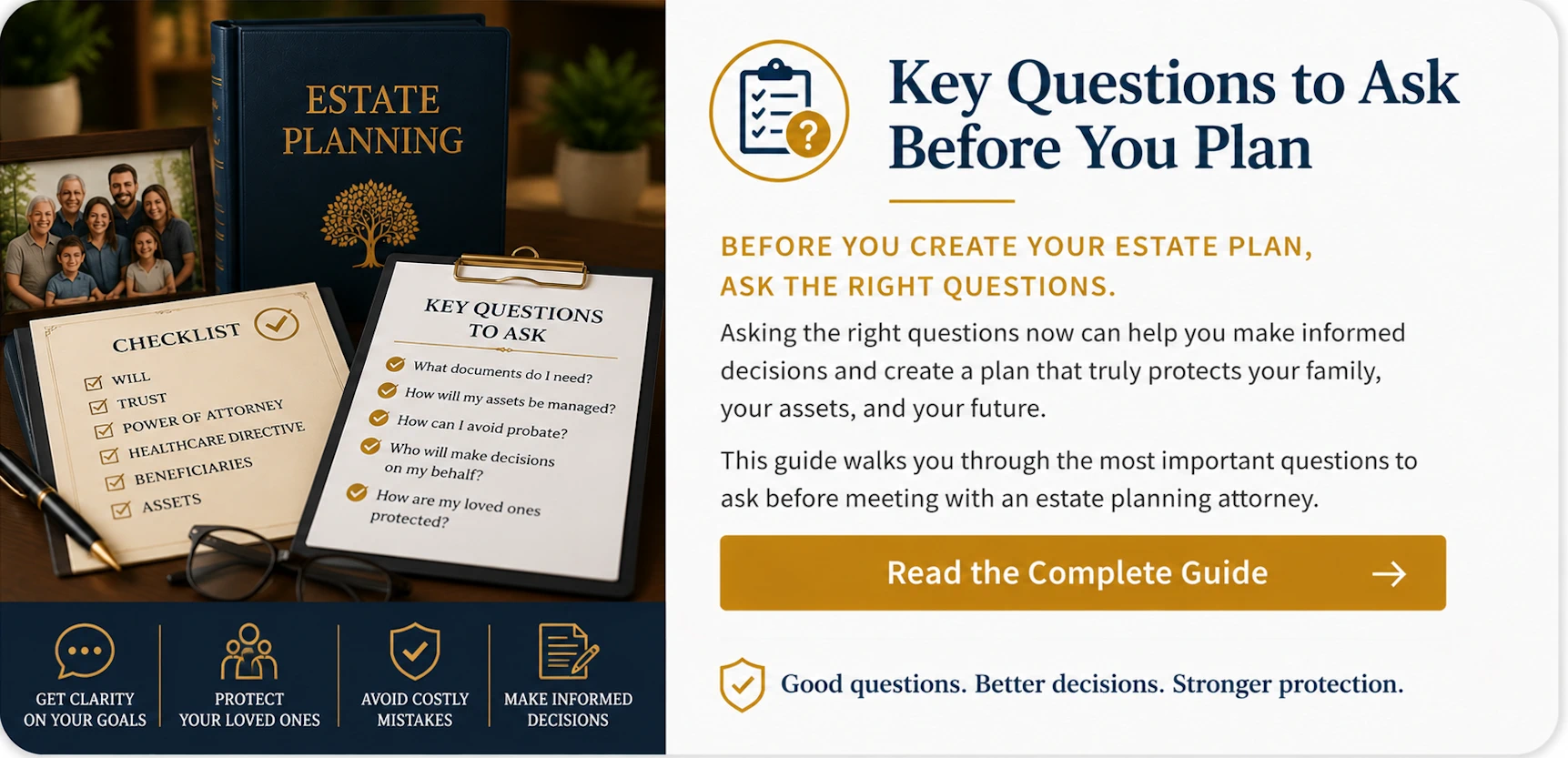 Educational guide card about key questions to ask before creating an estate plan, featuring an estate planning binder, family photograph, planning checklist, question guide, and legal documents representing informed estate planning decisions.