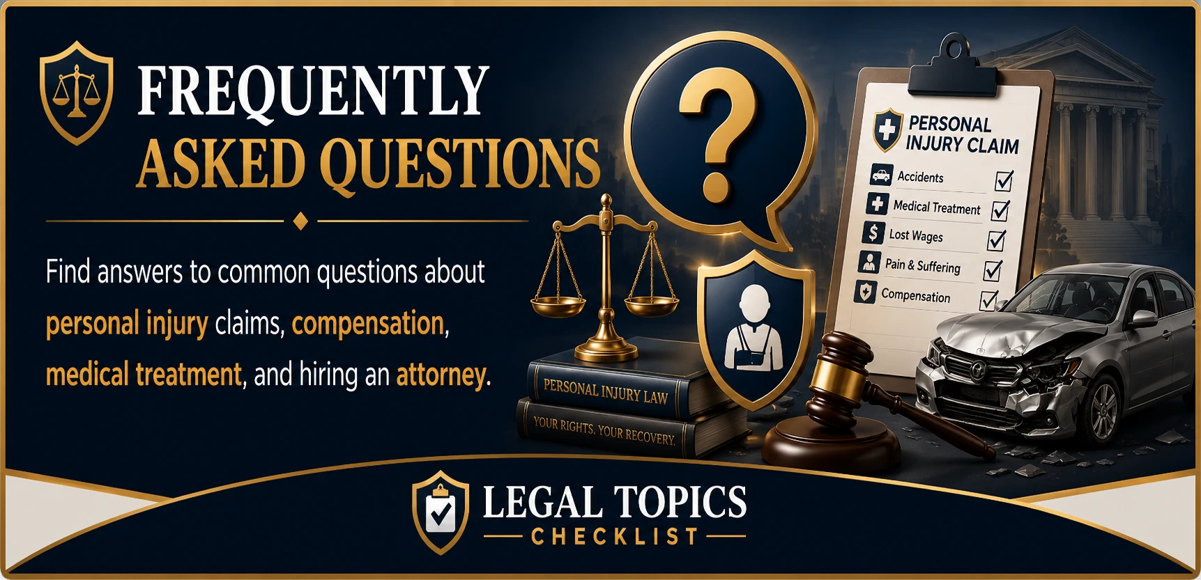 Personal Injury Frequently Asked Questions | Legal Topics Checklist Personal Injury Frequently Asked Questions banner featuring legal and accident-themed graphics introducing common questions about personal injury claims, compensation, medical treatment, insurance, and hiring an attorney.