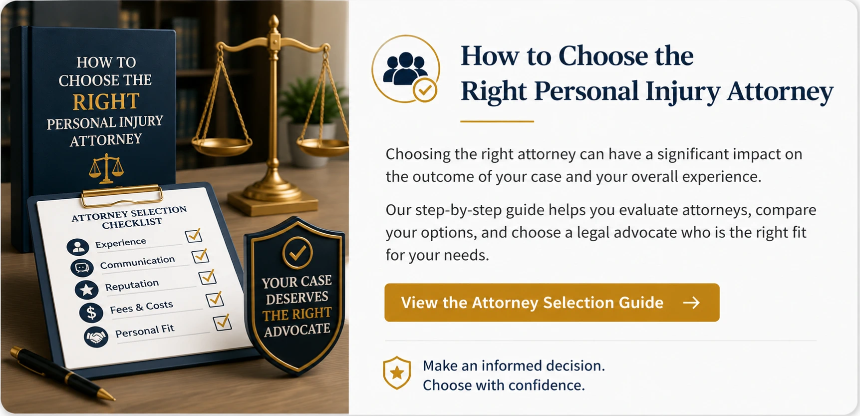 How to Choose the Right Personal Injury Attorney | Legal Topics Checklist Educational guide card about choosing the right personal injury attorney, featuring an attorney selection checklist, scales of justice, legal reference book, and guidance for comparing legal representation.