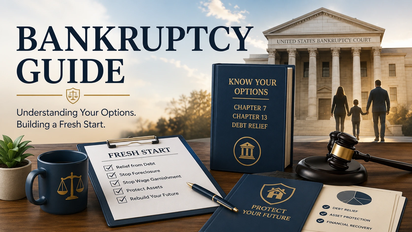 Bankruptcy Guide hero image featuring a bankruptcy court, fresh start checklist, debt relief guide, gavel, financial planning documents, and a family representing debt relief, financial recovery, and a new beginning.