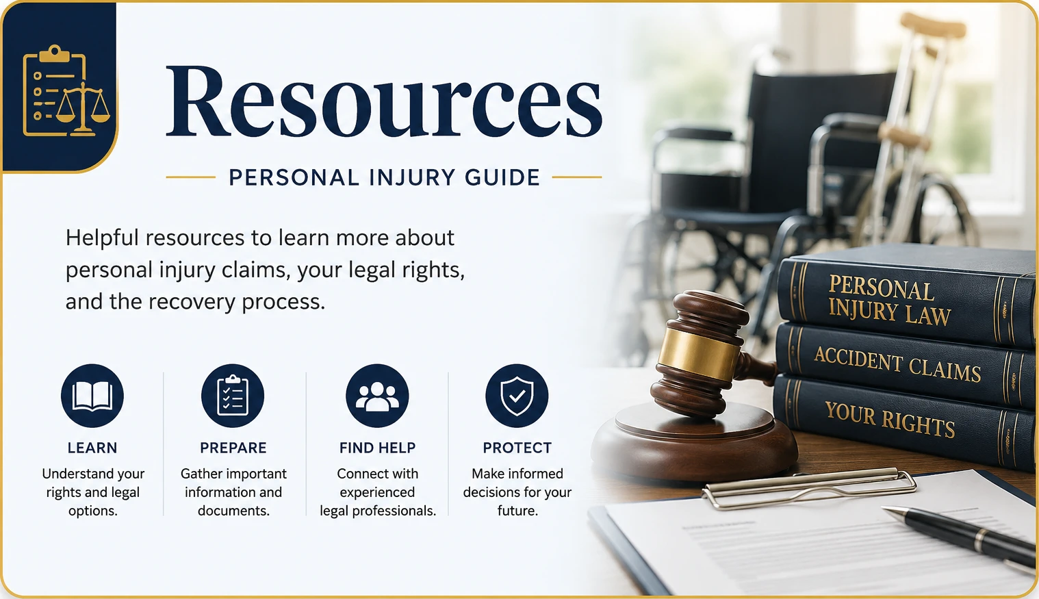 Personal Injury Resources | Legal Topics Checklist Personal Injury Resources banner featuring legal books, a gavel, and educational graphics introducing trusted resources about personal injury claims, legal rights, and recovery.