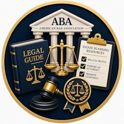 Resource icon representing the American Bar Association, featuring a courthouse, legal guide, scales of justice, gavel, and estate planning resources checklist symbolizing trusted legal education and attorney guidance.