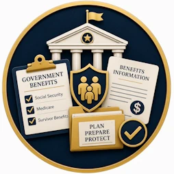 Resource icon representing Benefits.gov, featuring a government building, government benefits checklist, family protection shield, benefits information document, and planning folder symbolizing public benefits and financial planning resources.
