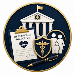 Resource icon representing the U.S. Department of Health & Human Services, featuring a healthcare directive, government building, medical shield, and family symbols for advance care planning and healthcare decision-making.