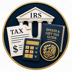 Resource icon representing the Internal Revenue Service (IRS), featuring a government building, tax document, calculator, and estate and gift tax guide symbolizing federal tax information for estate planning.
