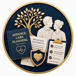 Resource icon representing the National Institute on Aging, featuring an older couple, advance care planning guide, healthcare directive checklist, important documents, and a protective shield symbolizing healthy aging and future planning.