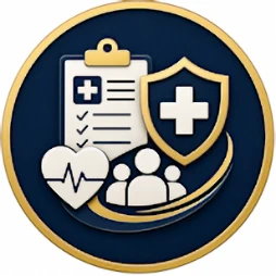 CDC Injury Center resource icon featuring a medical shield, healthcare clipboard, heart with heartbeat line, and injury prevention symbols representing public health and injury prevention resources.