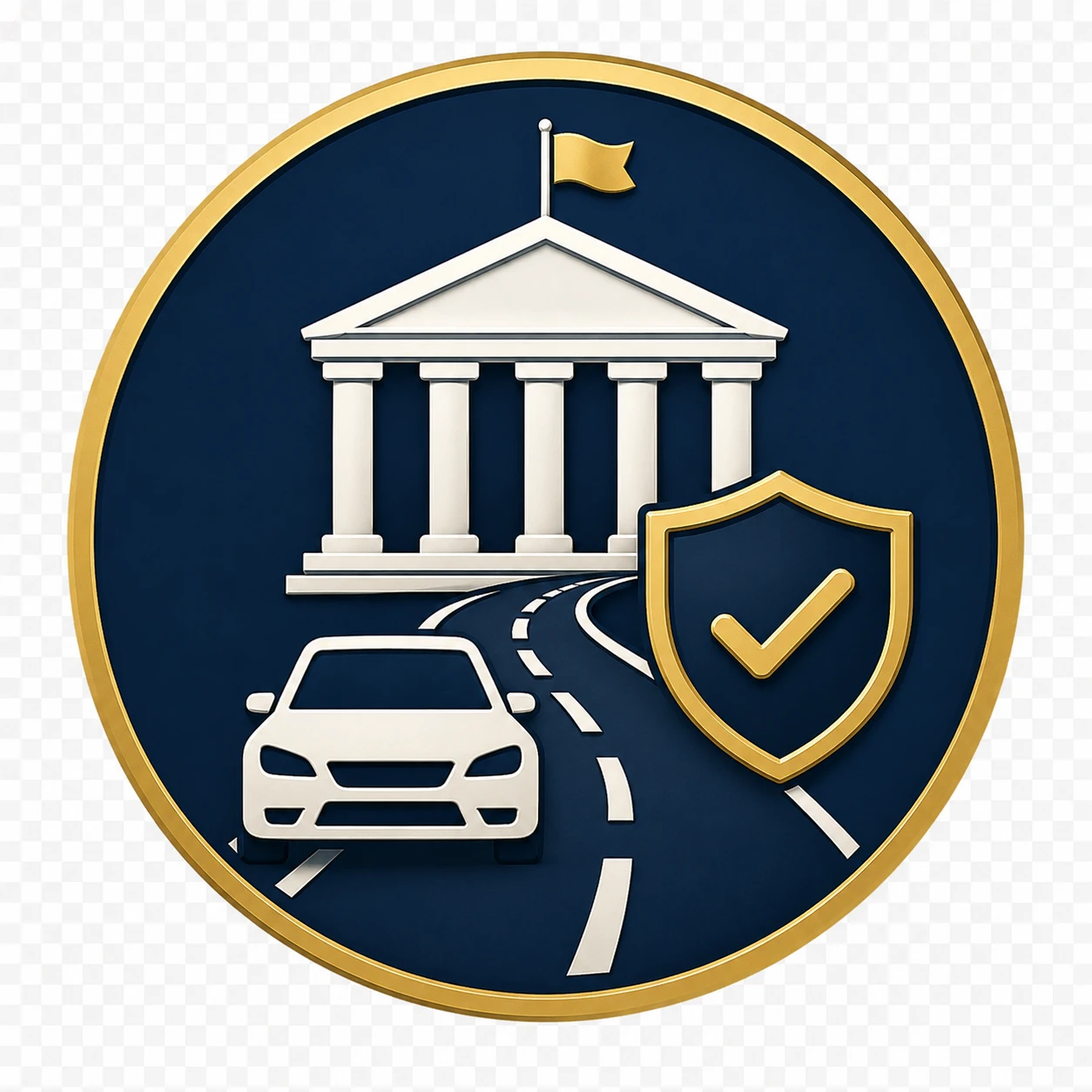 NHTSA resource icon featuring a government building, roadway, automobile, and safety shield representing vehicle safety, traffic safety education, and crash prevention resources.