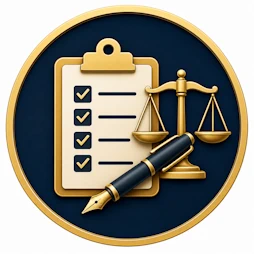 Attorney hiring guide resource icon featuring a legal checklist, scales of justice, and fountain pen representing questions to ask before hiring an attorney.