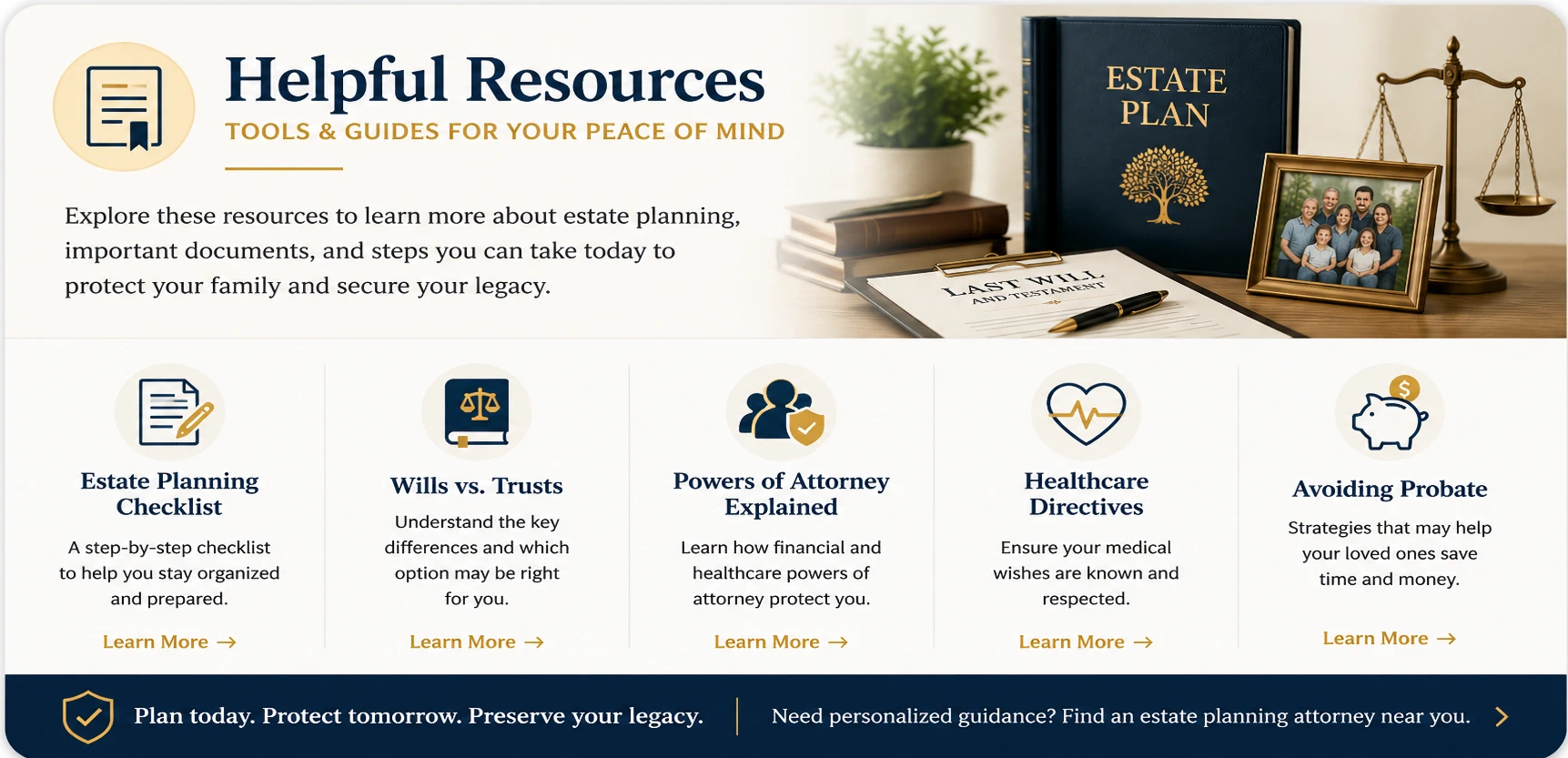 Estate planning resources banner featuring an estate plan binder, last will and testament, family photograph, scales of justice, and resource icons for estate planning checklists, wills and trusts, powers of attorney, healthcare directives, and avoiding probate.