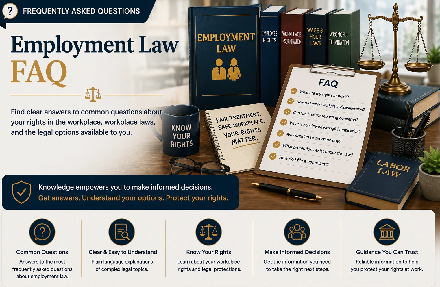 Employment Law FAQ banner featuring Employment Law books, employee rights references, workplace discrimination materials, wage and hour law books, scales of justice, workplace rights checklist, FAQ clipboard, Know Your Rights coffee mug, and legal office desk representing answers to common employment law questions and employee rights.