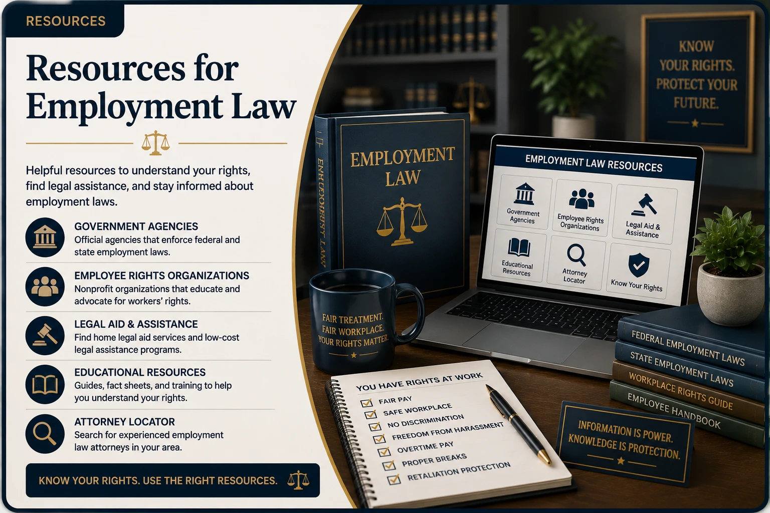 Employment Law resources banner featuring an Employment Law reference book, employee rights checklist, laptop displaying employment law resources, legal reference books, workplace rights symbols, and educational materials representing government agencies, employee rights organizations, legal aid, educational resources, and attorney locator services.