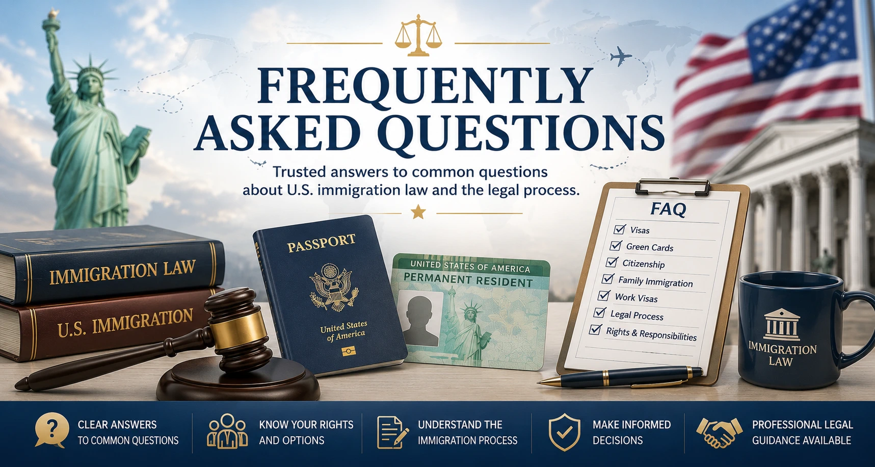 Immigration Law FAQ | Frequently Asked Questions | Legal Topics Checklist Immigration Law FAQ banner featuring the Statue of Liberty, American flag, courthouse, Immigration Law books, judge's gavel, U.S. passport, permanent resident card (Green Card), FAQ checklist, Immigration Law coffee mug, and legal guidance icons representing answers to common questions about visas, green cards, citizenship, family immigration, work visas, and the U.S. immigration process.