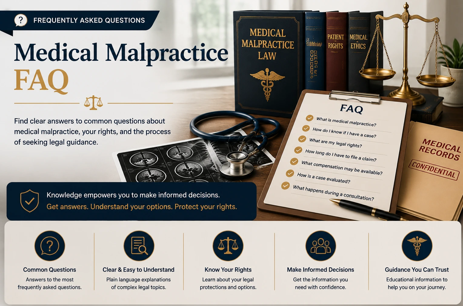 Medical Malpractice FAQ | Frequently Asked Questions | Legal Topics Checklist Medical Malpractice FAQ banner featuring medical malpractice law books, patient rights references, medical ethics materials, scales of justice, confidential medical records, stethoscope, diagnostic scans, FAQ checklist, and question icons representing answers about medical negligence, patient rights, legal options, and the medical malpractice process.