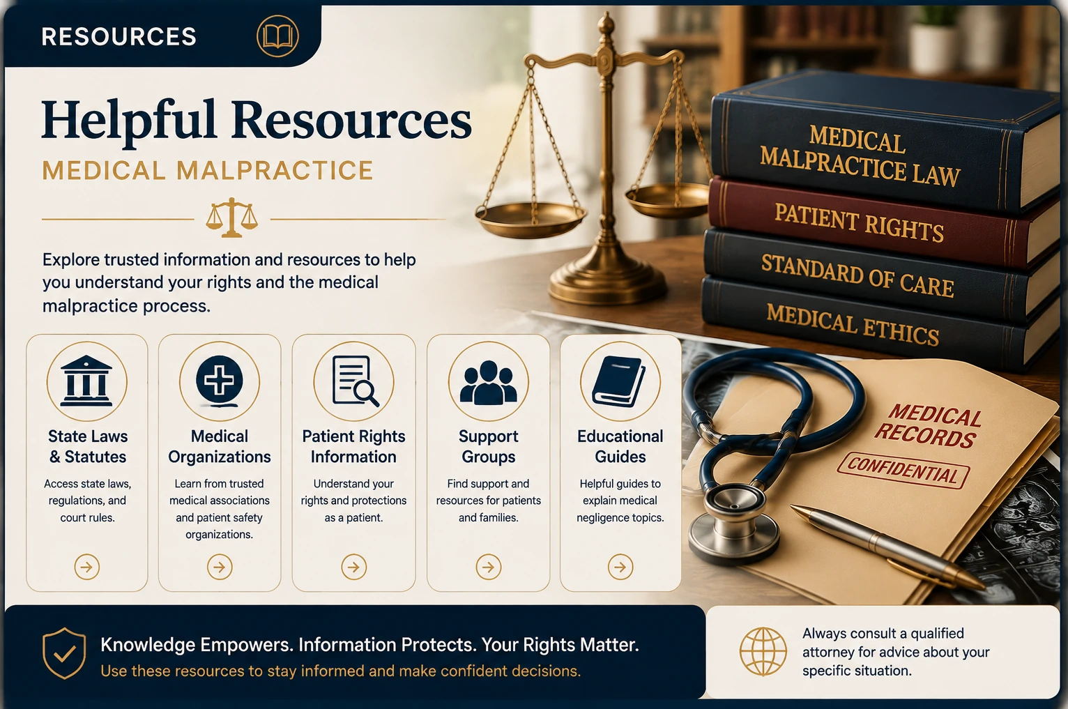 Medical Malpractice Resources | Medical Malpractice Guide | Legal Topics Checklist Medical Malpractice resources banner featuring medical malpractice law books, patient rights references, standard of care materials, medical ethics books, scales of justice, stethoscope, confidential medical records, diagnostic scans, and resource categories representing healthcare law information, patient rights, medical organizations, and educational resources.