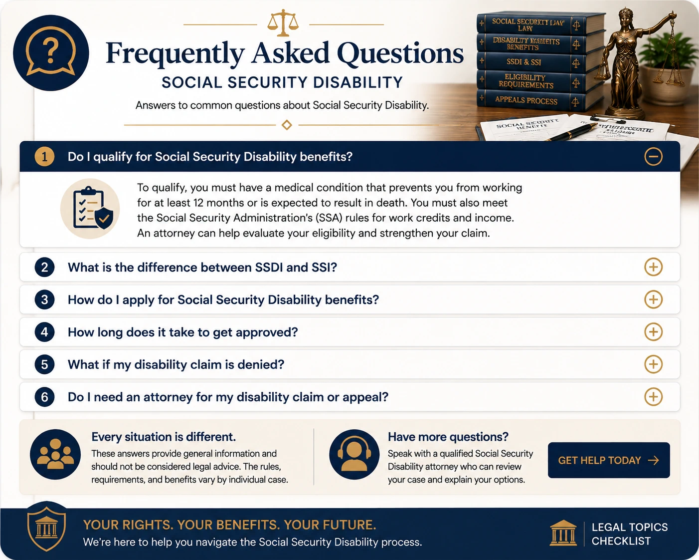 Social Security Disability Frequently Asked Questions | Legal Topics Checklist Social Security Disability Frequently Asked Questions banner featuring an accordion-style FAQ interface, Social Security Disability law books, Lady Justice, disability benefits documents, and legal symbols representing answers to common questions about SSDI, SSI, disability applications, appeals, and eligibility.