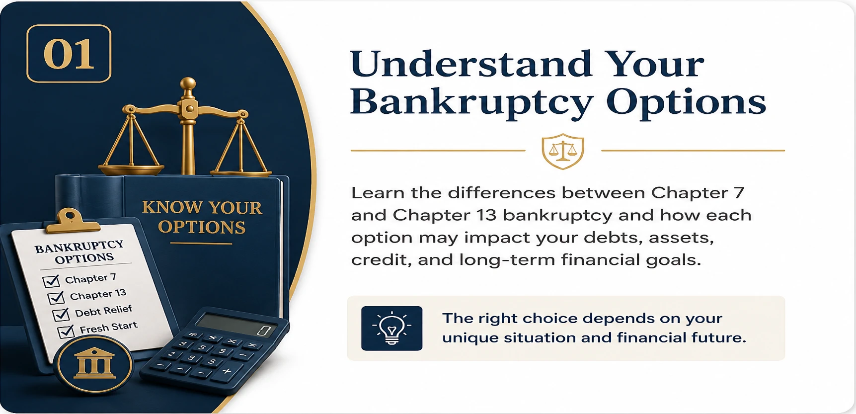 Understanding Your Bankruptcy Options | Legal Topics Checklist Educational guide card explaining bankruptcy options, featuring a bankruptcy options checklist, Chapter 7 and Chapter 13 references, calculator, legal guide, courthouse emblem, and scales of justice representing informed debt relief decisions.