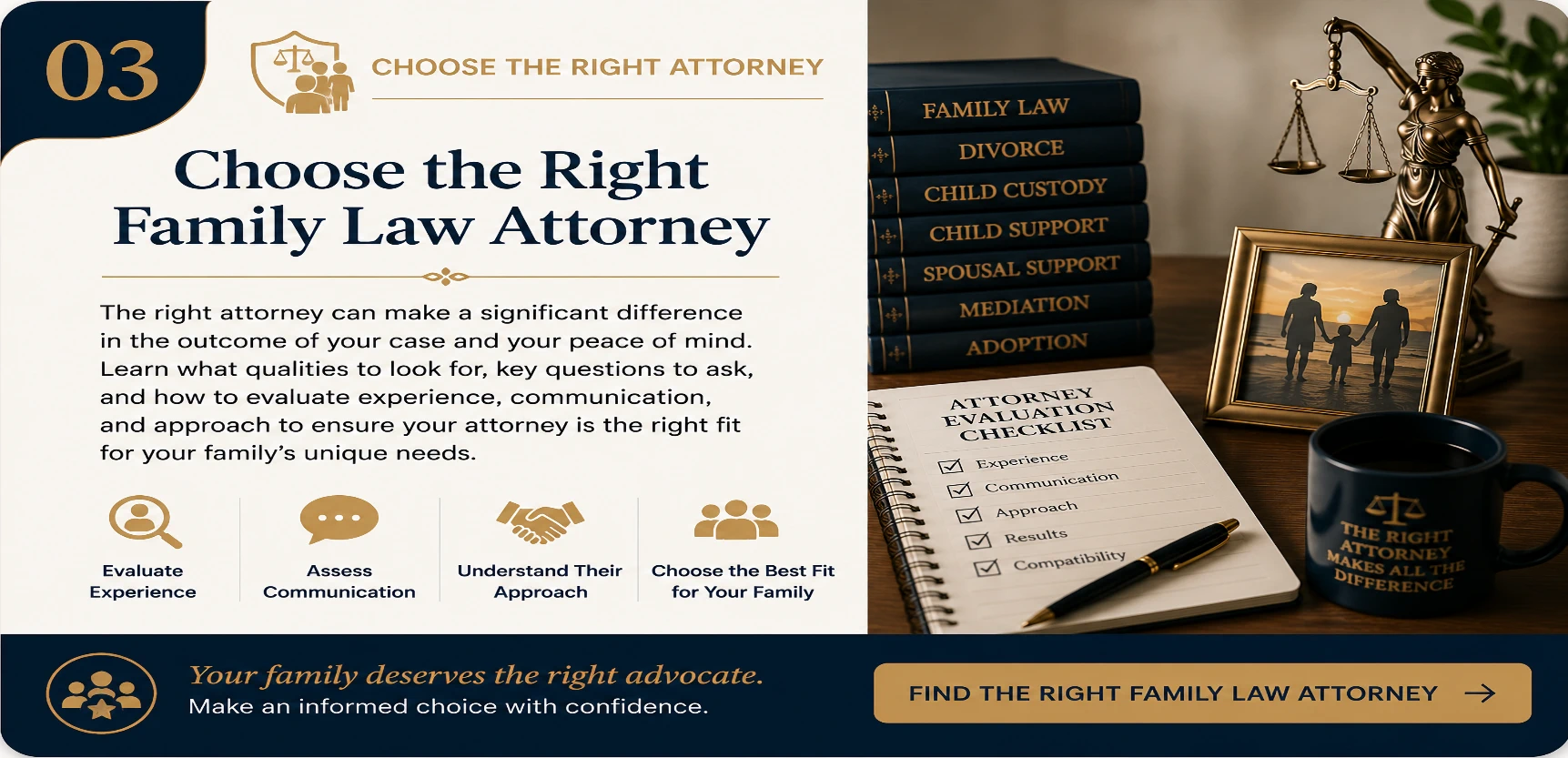 Choose the Right Family Law Attorney | Legal Topics Checklist Educational guide card about choosing the right family law attorney, featuring family law books, Lady Justice, attorney evaluation checklist, family photograph, legal documents, and consultation symbols representing informed attorney selection for divorce, child custody, child support, adoption, and other family law matters.