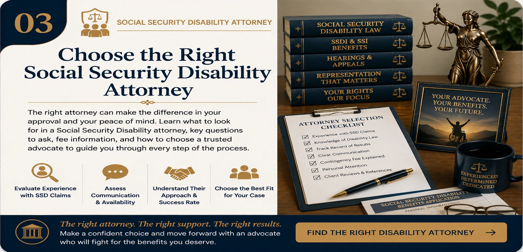 Choose the Right Social Security Disability Attorney | Legal Topics Checklist Educational guide card about choosing the right Social Security Disability attorney, featuring disability law books, Lady Justice, attorney selection checklist, benefit application documents, legal symbols, and advocacy imagery representing SSDI, SSI, disability appeals, and informed attorney selection.