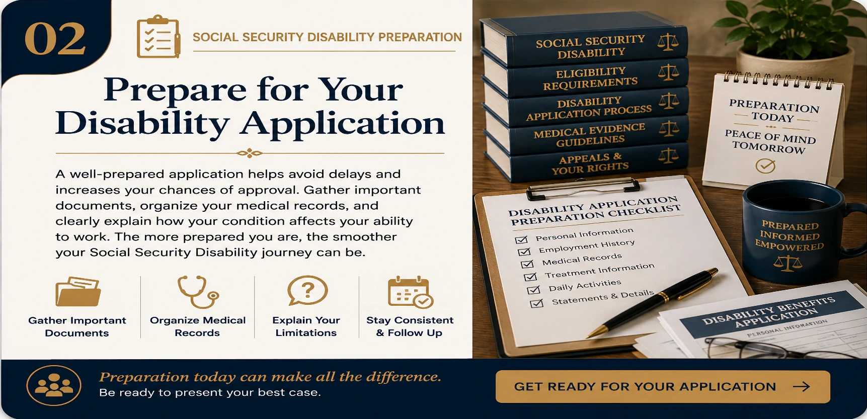 Prepare for Your Disability Application | Social Security Disability Guide | Legal Topics Checklist Educational guide card explaining how to prepare a Social Security Disability application, featuring disability law books, medical records, application checklist, benefit forms, and preparation symbols representing SSDI, SSI, disability claims, and organized case preparation.