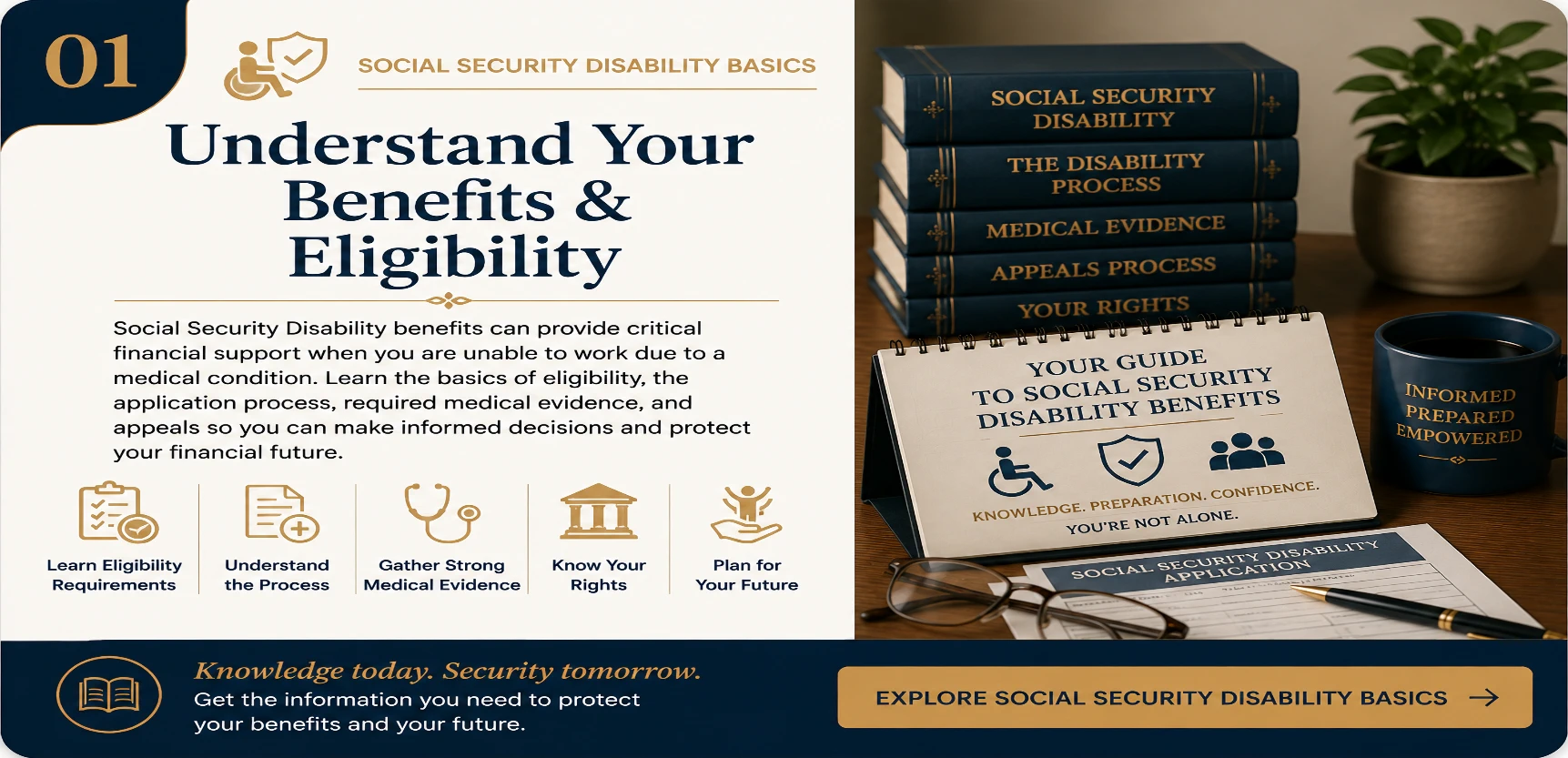 Understand Your Benefits & Eligibility | Social Security Disability Guide | Legal Topics Checklist Educational guide card explaining Social Security Disability benefits and eligibility, featuring disability law books, benefit application forms, medical evidence, legal guidance, and accessibility symbols representing SSDI, SSI, disability claims, and informed decision-making.