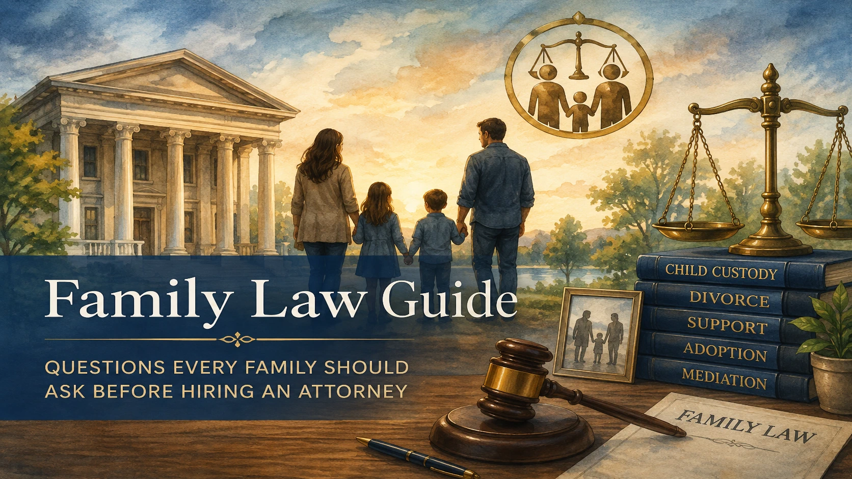 Family Law Guide hero illustration featuring a courthouse, family, scales of justice, family law books, gavel, and legal documents representing divorce, child custody, adoption, mediation, and other family law matters.