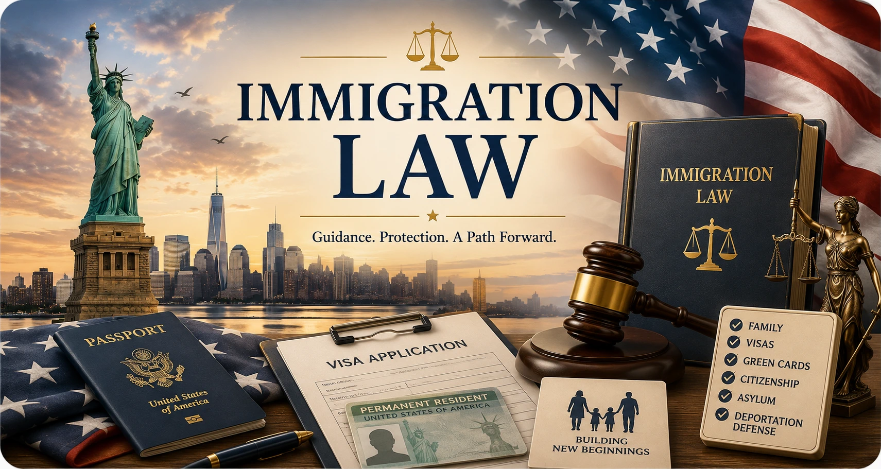 Immigration Law hero image featuring the Statue of Liberty, American flag, Immigration Law book, judge's gavel, Lady Justice statue, U.S. passport, visa application, permanent resident card, family immigration card, and immigration checklist representing family-based immigration, visas, green cards, citizenship, asylum, and deportation defense.