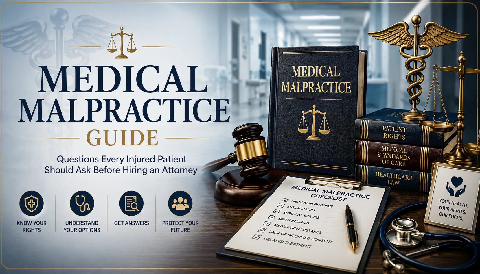 Medical Malpractice hero image featuring Medical Malpractice law book, patient rights books, scales of justice, gavel, caduceus medical symbol, stethoscope, medical malpractice checklist, and hospital corridor representing patient rights, standards of care, medical negligence, and healthcare law.