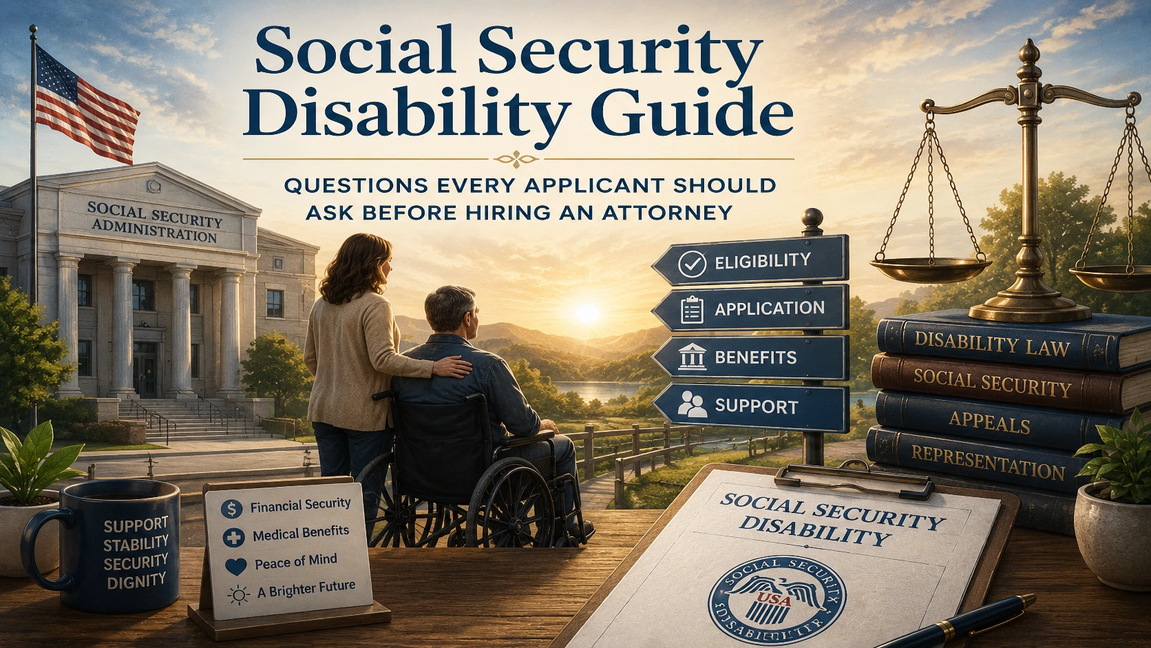Social Security Disability Guide hero illustration featuring the Social Security Administration building, a disability applicant in a wheelchair with a supportive companion, scales of justice, disability law books, benefit application documents, and legal symbols representing Social Security Disability benefits and the appeals process.
