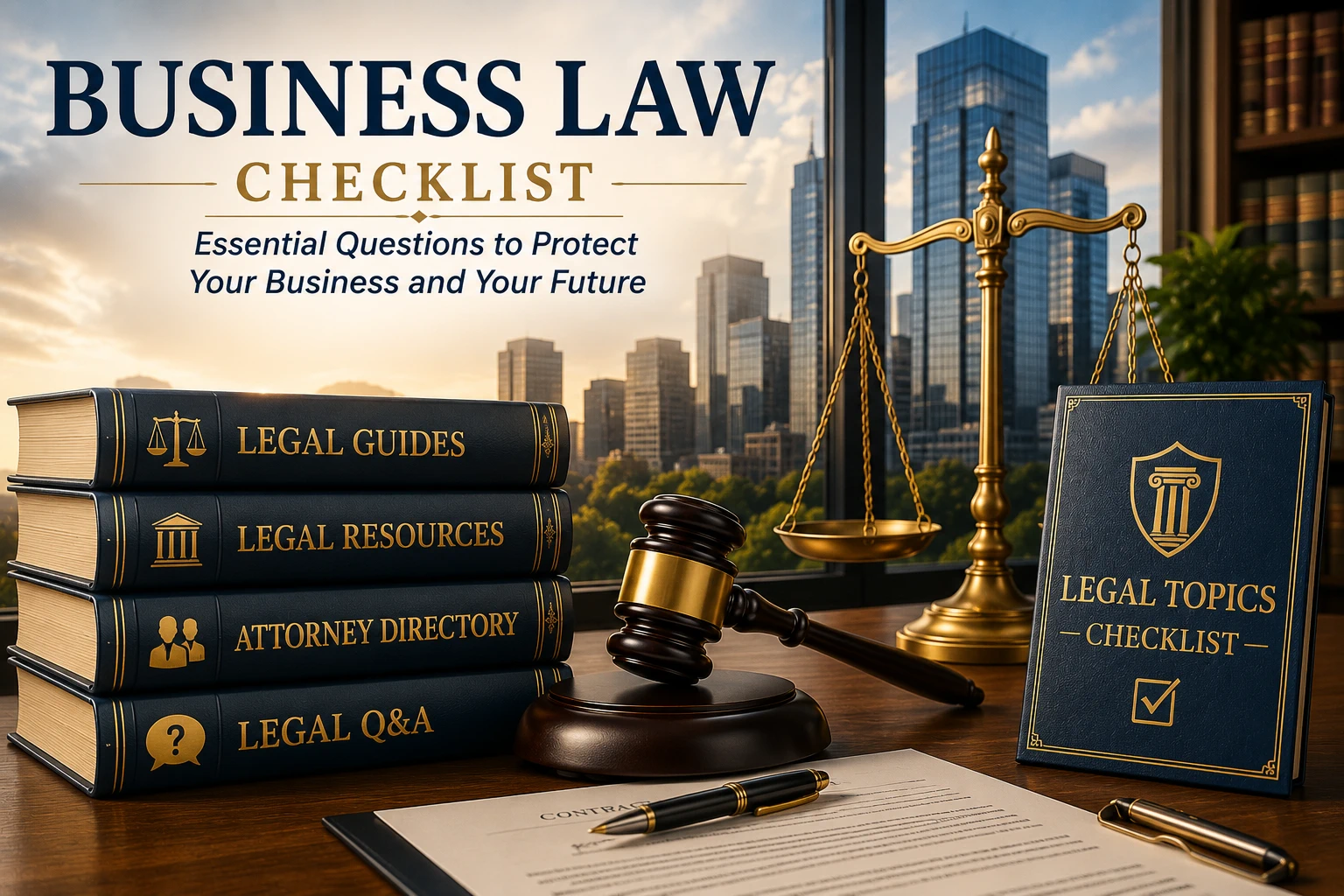 Business Law Checklist hero illustration featuring legal reference books, business contract, gavel, scales of justice, corporate office skyline, and Legal Topics Checklist branding representing legal guidance for business formation, contracts, compliance, and commercial law.