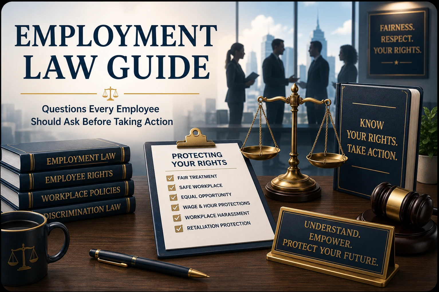 Employment Law hero illustration featuring employment law reference books, employee rights checklist, scales of justice, gavel, professional office setting, and Legal Topics Checklist branding representing workplace rights, employment disputes, discrimination, wage laws, and legal guidance for employees.