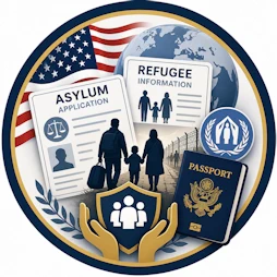 Circular Immigration Law resource icon featuring asylum application and refugee information documents, family of refugees, American flag, globe, humanitarian protection emblem, U.S. passport, and protective shield representing asylum, refugee assistance, humanitarian protection, and trusted immigration resources.
