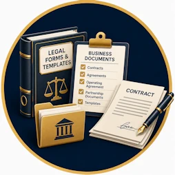 Business Law resource icon featuring a Legal Forms & Templates binder, Business Documents checklist, contract, legal folder, fountain pen, and scales of justice representing business contracts, legal forms, operating agreements, partnership documents, and business templates.