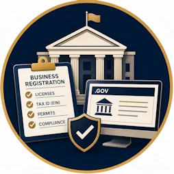 Business Law resource icon featuring a government building, business registration checklist, .GOV website, approval shield, and compliance symbols representing official business registration, licensing, permits, tax identification, and government resources for business owners.