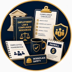 Business Law resource icon featuring an Employment Law & Compliance Resources book, compliance checklist, employee handbook, payroll calendar, workplace safety sign, courthouse, employee protection shield, and compliance symbols representing employment law, workplace regulations, payroll, and business compliance.