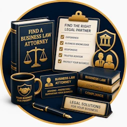 Business Law resource icon featuring a Find a Business Law Attorney reference book, attorney selection checklist, scales of justice, attorney business card, courthouse shield, business law books, fountain pen, and legal consultation symbols representing professional legal guidance for business owners.