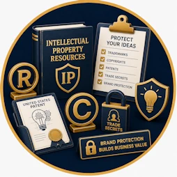 Business Law resource icon featuring an Intellectual Property Resources book, IP shield, Protect Your Ideas checklist, trademark, copyright, patent certificate, trade secrets lock, innovation shield, and brand protection symbols representing intellectual property protection for businesses.