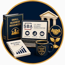 Business Law resource icon featuring a Small Business Resources book, SBA website, business plan, courthouse, handshake symbol, growth chart, and support emblem representing small business assistance, education, financing, mentoring, and entrepreneurial resources.