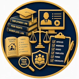 Employment Law resource icon featuring employment law books, online learning monitor, graduation cap, workplace rights guide, scales of justice, educational checklist, magnifying glass, and community learning shield representing employment law education, workplace rights resources, legal guides, webinars, and employee training materials.