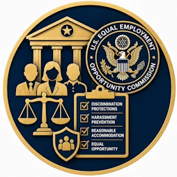 Employment Law resource icon featuring a courthouse, Equal Employment Opportunity Commission emblem, scales of justice, diverse employees, workplace protection shield, and discrimination protection checklist representing workplace discrimination, harassment prevention, reasonable accommodations, and equal employment rights.