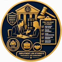 Employment Law resource icon featuring an attorney consulting with a client, courthouse, scales of justice, gavel, law books, attorney selection checklist, client-focused emblem, handshake, and briefcase representing finding an experienced Employment Law attorney for workplace legal matters.
