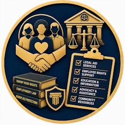 Employment Law resource icon featuring supportive community members, handshake, courthouse, scales of justice, legal rights books, workplace protection shield, and legal aid checklist representing legal aid services, employee rights organizations, advocacy, workplace protections, and community support.