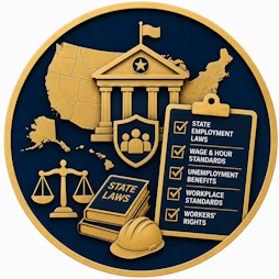 Employment Law resource icon featuring a United States map, state government building, employment law checklist, scales of justice, state law books, worker protection shield, and safety hard hat representing state labor departments, workplace standards, unemployment benefits, and employee rights.