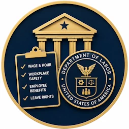 Employment Law resource icon featuring a government building, Department of Labor emblem, and workplace rights checklist representing wage and hour laws, workplace safety, employee benefits, and family and medical leave protections.
