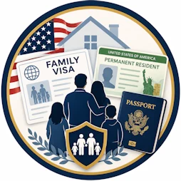 Circular Immigration Law resource icon featuring a family, Family Visa document, Permanent Resident (Green Card), U.S. passport, American flag, family protection shield, and home representing family-sponsored immigration, reunification, visas, and permanent residency resources.