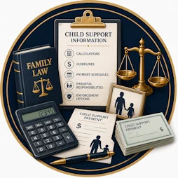 Family Law resource icon featuring a protective shield, parent and child silhouette, Family Law reference book, Domestic Violence Resources checklist, awareness ribbon, scales of justice, and support symbols representing safety, legal protection, and victim assistance services.